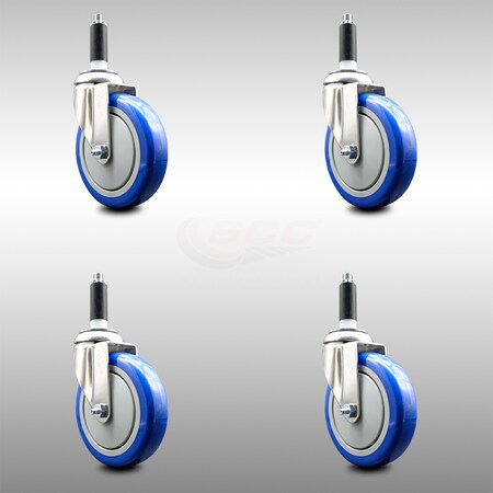 Service Caster 5 Inch 316SS Blue Polyurethane Swivel 3/4 Inch Expanding Stem Caster Set SCC SCC-SS316EX20S514-PPUB-BLUE-34-4